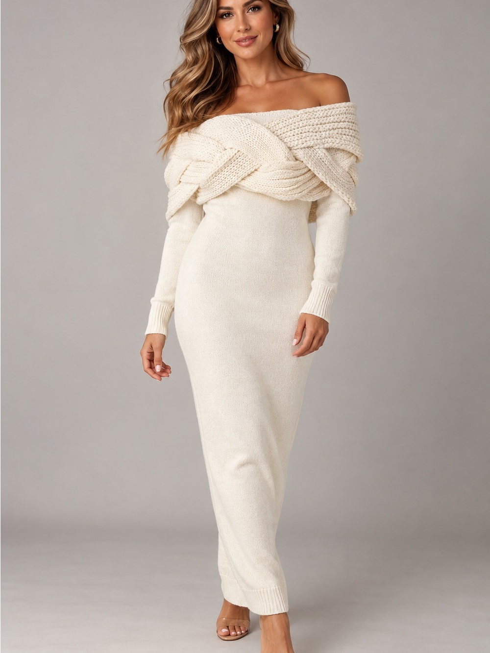 JLUXLABEL Ivory Off Shoulder Cable Knit Sweater Maxi Dress NWT